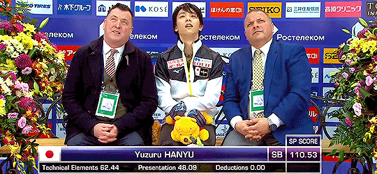 janny-medvedeva:  Yuzuru HANYU (JPN) in the Kiss & Cry after setting the new World Record for the Short Program (110.53) at Rostelecom Cup 2018 + a bonus Pooh-san wave: