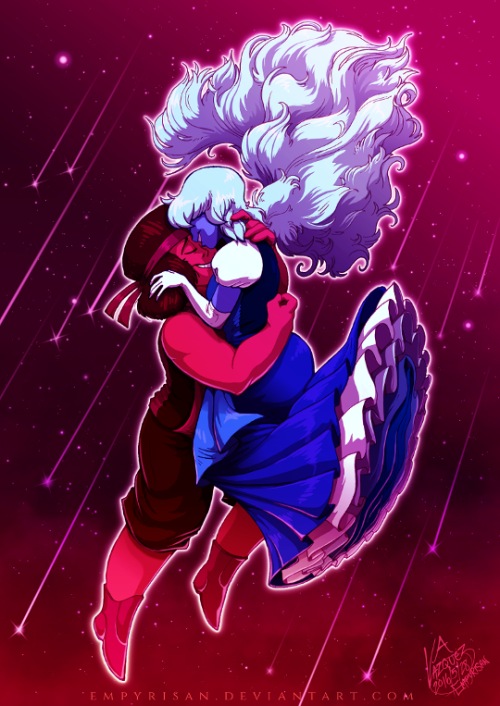 empyrisan:   Garnet Skies   Steven Universe | Ruby & Sapphire | Illustration2016 / 5 / 28The Answer is Love.- - - - -A gift for my Lady @jcstitches! She and I both LOVE Ruby and Sapphire (Rupphire), whom we share a LOT of similiarities with! We’re