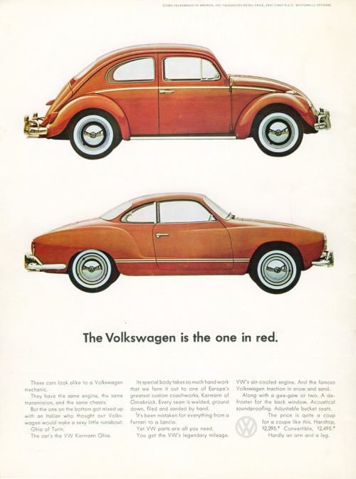 DDB, advertisement for Beetle and Karmann Ghia, 1962. Volkswagen of America. Via samba.com