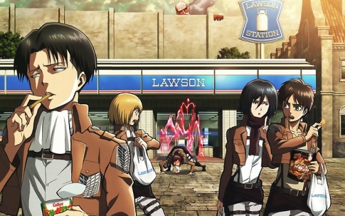 snknews:  Official Art Collection: Unique Collaboration Visuals with Titans (Part 1) Eren, Armin, Mikasa, Colossal Titan: Pizza Hut (June-July 2013) Eren, Armin, Mikasa, Levi, Sasha, Colossal Titan: Lawson (July-August 2013) Eren, Connie, Female Titan,