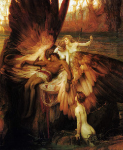 gaganalysis:   The Lament for Icarus - Herbert James Draper, 1898  The image of a dead Icarus attended by lamenting nymphs.  In Greek mythology Icarus bore wings made of wax and feathers, created for him by his father, to escape the island of Crete.