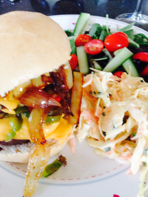 Double crispy chilli cheese burger with home made coleslaw….