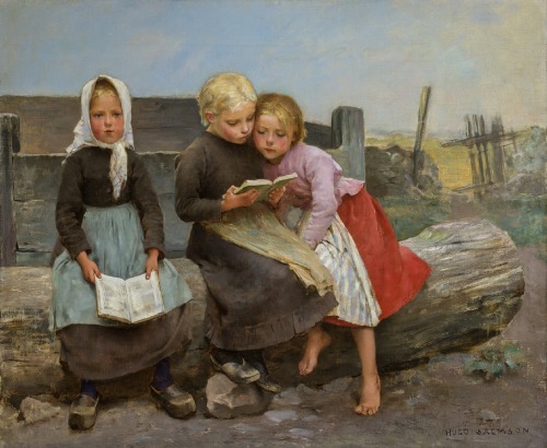 books0977: Children Reading (second half 1800s). Hugo Salmson (Swedish, 1843-1894). Oil on