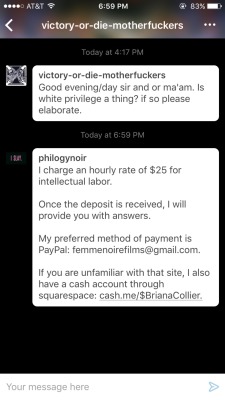 feministingforchange:  philogynoir:  THE 👏🏿 FUCK 👏🏿 YOU 👏🏿 THOUGHT  Charge entitled white people for your intellectual/emotional labor.    #NoFreeLabor   #FuckYouPayMe  I’m officially doing this from now on omfg 😹 