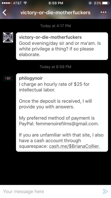feministingforchange:  philogynoir:  THE 👏🏿 FUCK 👏🏿 YOU 👏🏿 THOUGHT  Charge entitled white people for your intellectual/emotional labor.    #NoFreeLabor   #FuckYouPayMe  I’m officially doing this from now on omfg 😹 