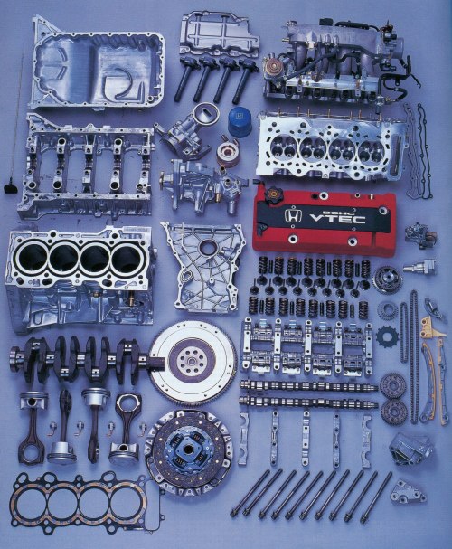 beautifullyengineered:  Great Works for the Enthusiast Masses by the Honda Motor Company B16A, C30A, B18C (‘96-spec), F20C, K20A