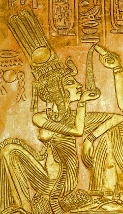 Golden reliefs showing Tutankhamen and his wife Queen Ankhesenamun, 18th dynasty