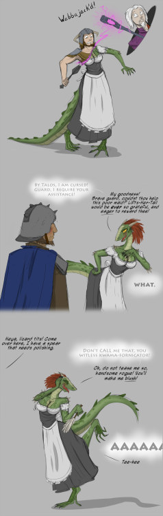  Lusty Argonian Maid’d - by Valsalia  This is amazing xDIn case it’s confusing at first, the white text bubbles are the internal struggle/frustration of the hero watching themself act embarrassingly.I’m hoping there will be more! That argonian