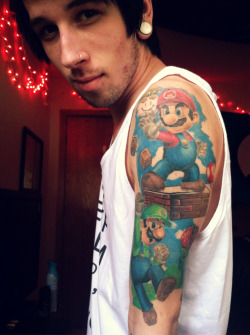 aarontorrence:  Almost complete! My Super Mario Brothers Sleeve! Work done by: Jake Stockstell at Apothecary Tattoo. San Luis Obispo, CA 