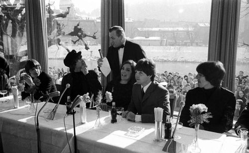 Photos of The Beatles during a press conference in Salzburg, Austria in March 1965 to continue filmi