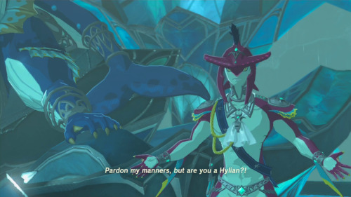I was comparing Mipha’s earlier gear to her simpler Champion scarf. The blue sash-like thing and the