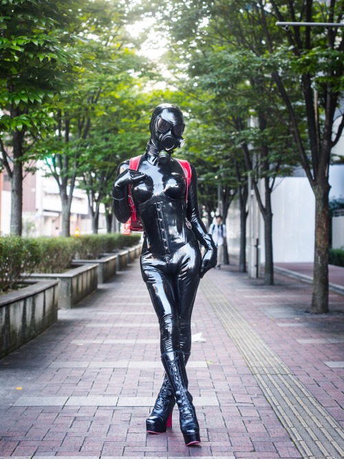 Black Rubber Latex Catsuit with Red Randoseru in Public