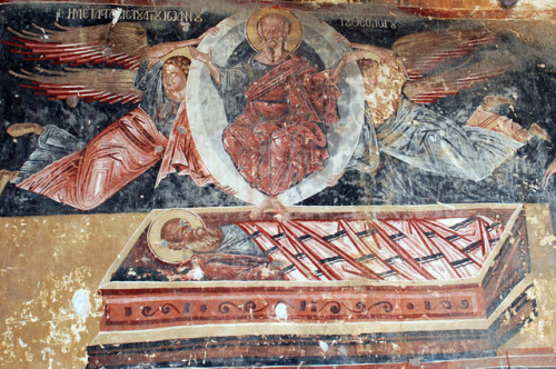 Angels taking the soul of John the Theologian (c. 1552) @ Monastery of Panagia Mavriotissa.