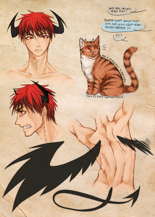 kiiyoshi:  Continuation of this AU. The whole thing is just an excuse for me to draw cute boys with wings and demonkitty!Taiga (he likes to snuggle in laps) *q*  jk im really liking this au omg 