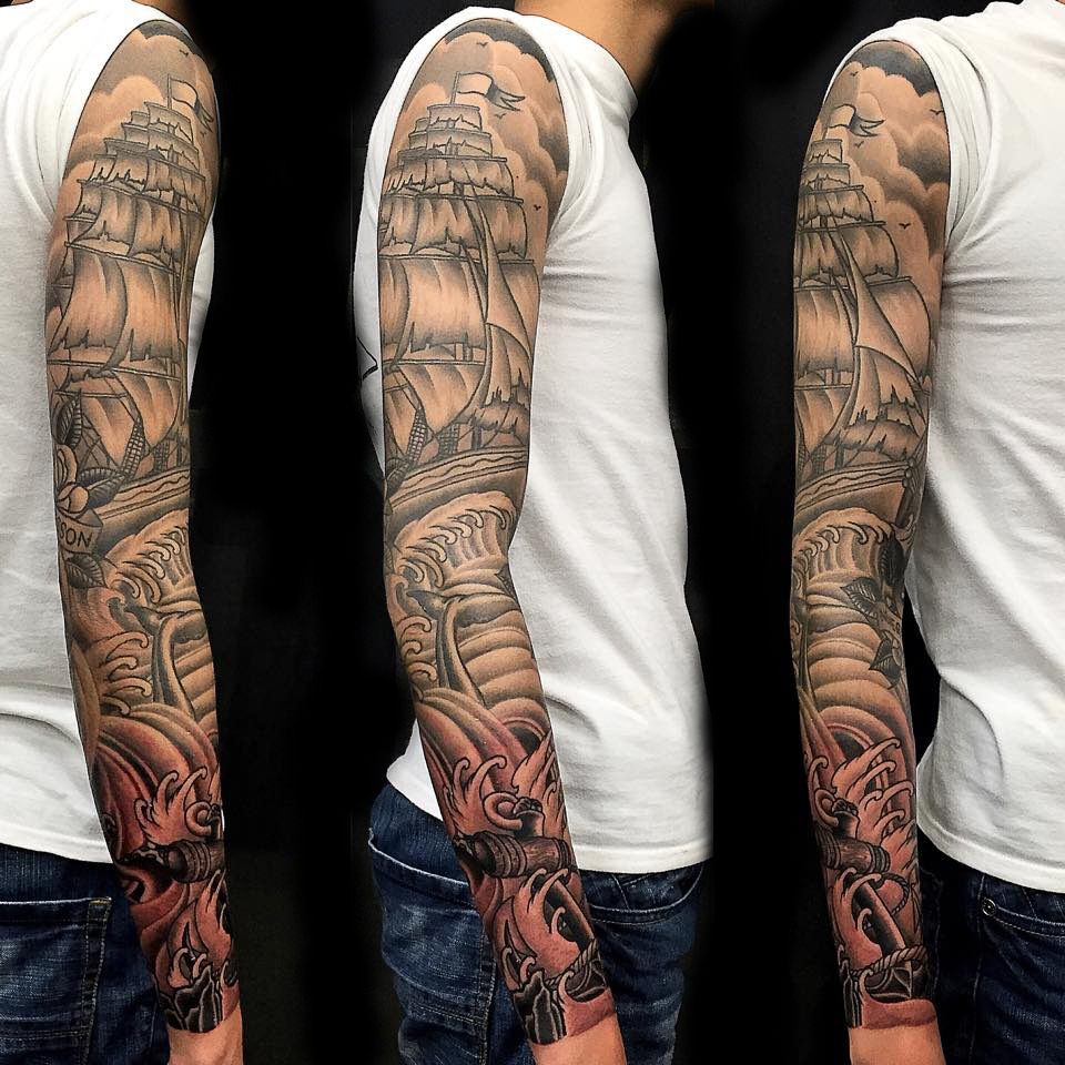 fuckyeahtattoos:  Custom nautical Black and Grey Sleeve. Artist: Agus Tan, Singapore