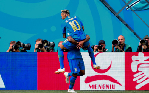 aaronrmsey:Neymar of Brazil celebrates with Douglas Costa of Brazil after scoring his team’s second 