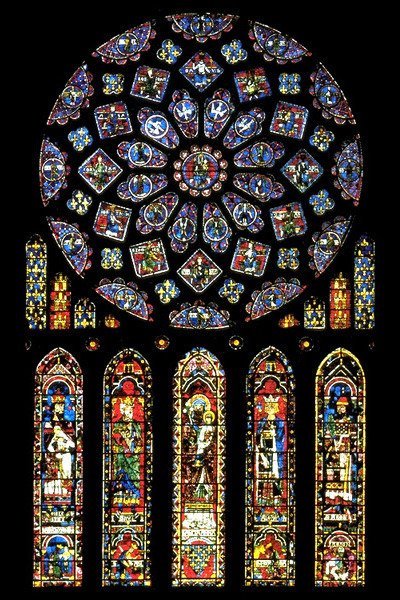  Rose window and lancets, north transept, Chartres Cathedral, Chartres, France, ca. 1220. Stain