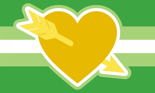 An aroallo version of the Cupid's aro pride flag. The heart and arrow in the center are gold and light gold.