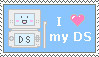 Deviantart stamp that reads "I heart my DS", with a graphic of a Nintendo DS with a happy face on the top screen.