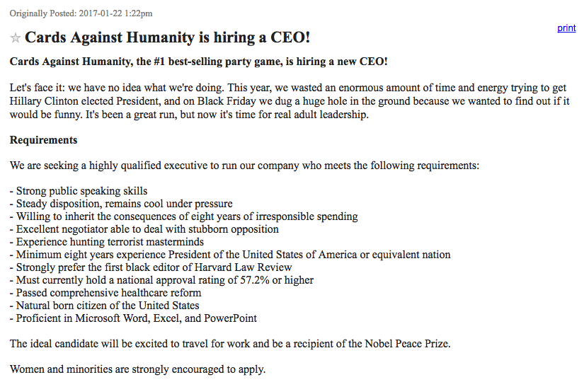 merrmaids: cards against humanity posted a listing to try to hire barack obama for