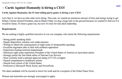 merrmaids:cards against humanity posted a listing to try to hire barack obama for their ceo position