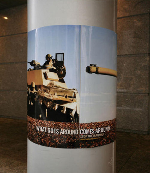 jewist:  Four posters were designed to wrap around poles, campaigning for an end to the war in Iraq, pointing to the Global Coalition for Peace web site. Grenades, rifles, missiles and tank guns come round the pole to catch up with the aggressor in