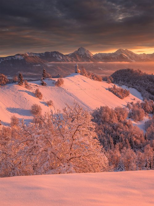 JAMNIK, Slovenia - the hilltop Church of Saints Primus and Felician is very picturesque in every sea