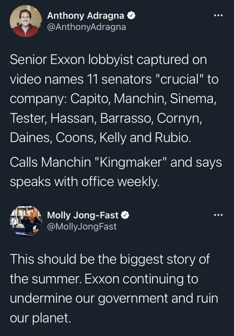 astrodidact:astrodidact:Exxon Lobbyist Caught On Video Talking About Undermining Biden’s Climate PushExxon lobbyist says it pushed trade groups to ‘be out front’ on forever chemicals in activist recording