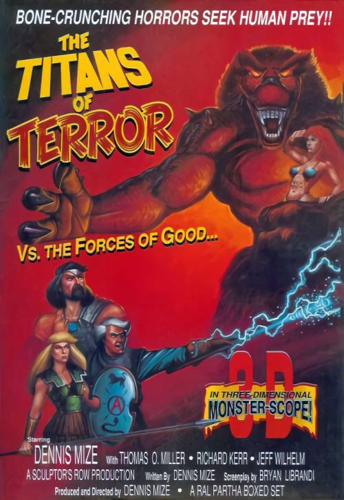 The Titans of Terror Vs the Forces of Good, cinematic box art by Thomas O Miller for Dennis Mize’s b