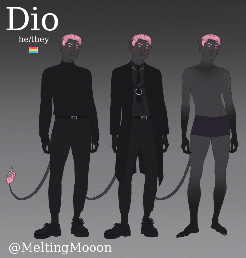 Digital art. A man standing. He's depicted three times, two of them in different outfits and one in just underwear. His clothes are all black. He has pink hair. his skin is grey with a dark geradient on his feet and arms. There's text on the left side saying "Dio. he / they" theres a pansexual flag under the writing. End ID