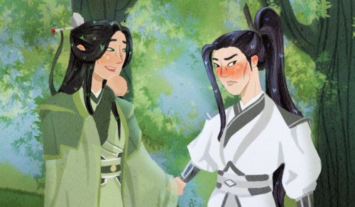 just some boyfriends holding hands, nbd[id: a digital drawing of shen qingqiu and liu qingge from sc