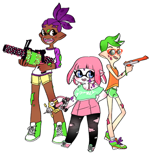 drew the squad (consisting of me, my BFF and my gf) as inklings with our preferred weapons! it’s tru