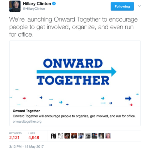 reincepriebus:  Hillary Rodham Clinton is back and part of The Resistance. Organizations mentioned: Onward Together Indivisible Team SwingLeft Color of Change Emerge America Run for Something 