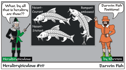 157 Darwin Fish Fish positions are few and include: Naiant (swimming/fesswise), Haurient (vertical/p