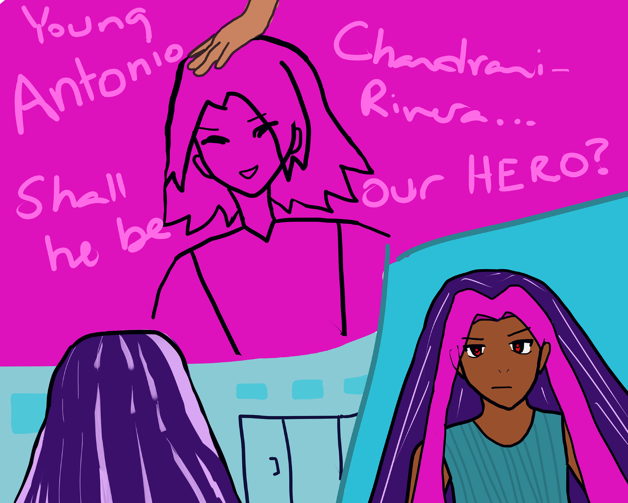 young alejandro altaha staring up at a fuchsia hologram tv with an uncolored antonio chandrani-rivera smiling down at people. a hand (it is kiyotaka miura's) is messing up his hair. the screen says 'young antonio chandrani-rivera... shall he be our hero?' a panel of alejandro to the right reveals he looks broody with long violet hair with lavender highlights, fuschia bangs falling to the sides, and flat lips. his eyes are red and his shirt is teal, and the background otherwise are lighter teals.