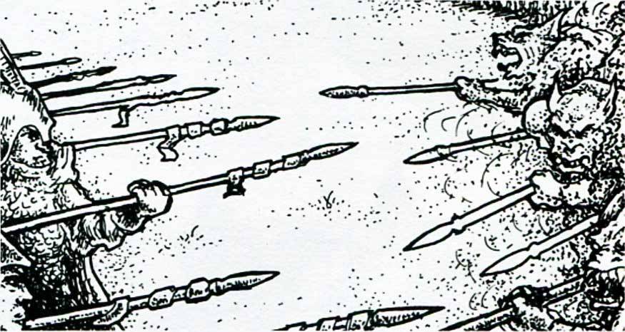 Goblins charge. (From the Ral Partha 1989 Catalog.) Note Ral Partha’s classic twisted ribbon connecting spearheads to shafts.