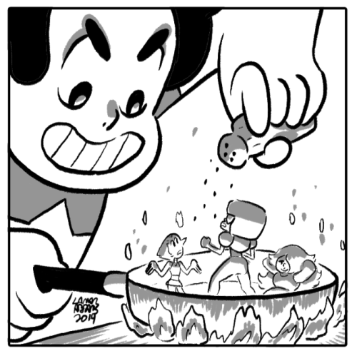 neo-rama:  NO! STEVEN fused with an evil hungry monster gem! he shrunk the gems somehow and now he’s gong to EAT THEM!!! don’t miss FUSION CUISINE!!! the next thrilling episode of STEVEN UNIVERSE! boarded by HELLEN JO and LAMAR ABRAMS!