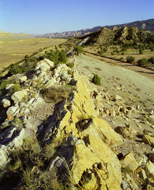 geologicaltravels:1999: Looking south along the Waterpocket Fold, a 160km long monocline in the Capi