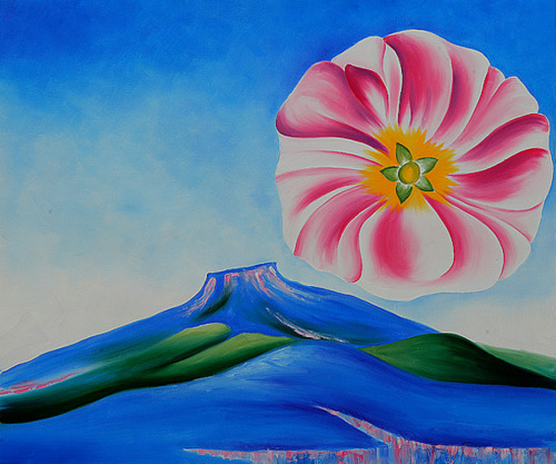 georgia-o-keeffe:Hollyhock Pink with Pedernal, 1937, Georgia O'Keeffe