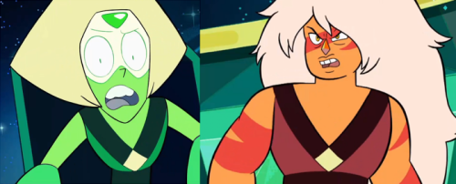 I’ve been thinking about this a lot today and I find it really interesting how the ‘Yellow Diamond’ symbol (previously discussed here) on Peridot and Jasper’s outfits are more or less identical. They’re both sleeveless jumpsuit-type designs