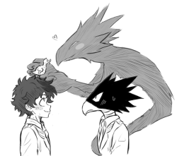 kinnme:Headcanon in wich after the sportive festival, Dark Shadow grew an affection for Midoriya and now whenever he’s around Tokoyami it pops out making Tokoyami feel unconfortable.