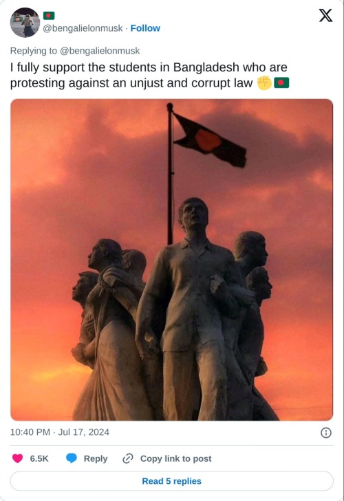 I fully support the students in Bangladesh who are protesting against an unjust and corrupt law βπ§π© pic.twitter.com/SwHUd9BZ1m
β π§π© (@bengalielonmusk) July 17, 2024