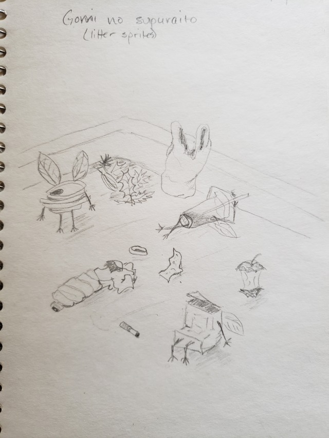 A pencil drawing of litter sprites in the corner of a parking lot: a crushed can standing, a half-full fountain drink with straw lying back with arms behind "head" and legs crossed, and a crumpled cigarette box sitting.  They are surrounded by a plastic bag, dead leaves, a flattened plastic water bottle, crumpled papers, an apple core and a cigarette butt.