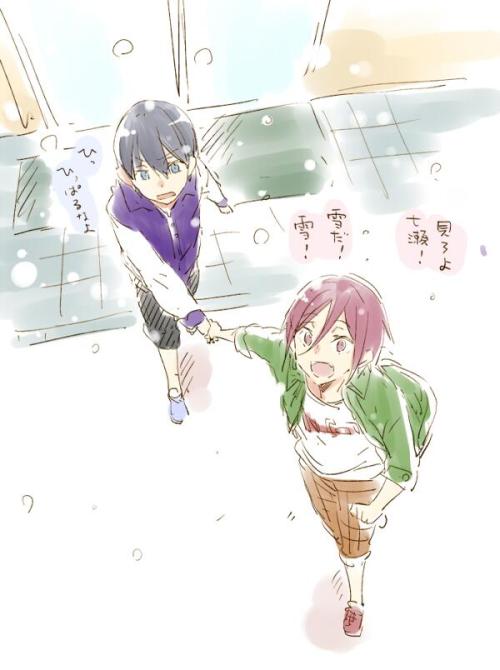 shameless-fujoshi:  juz-blaq:  by コタロー ‏  Rin: Look, Nanase! It’s snowing!Haruka: D-don’t pull! 