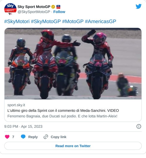 #SkyMotori #SkyMotoGP #MotoGP #AmericasGPhttps://t.co/SP1fbdxeJD  — Sky Sport MotoGP (@SkySportMotoGP) April 15, 2023