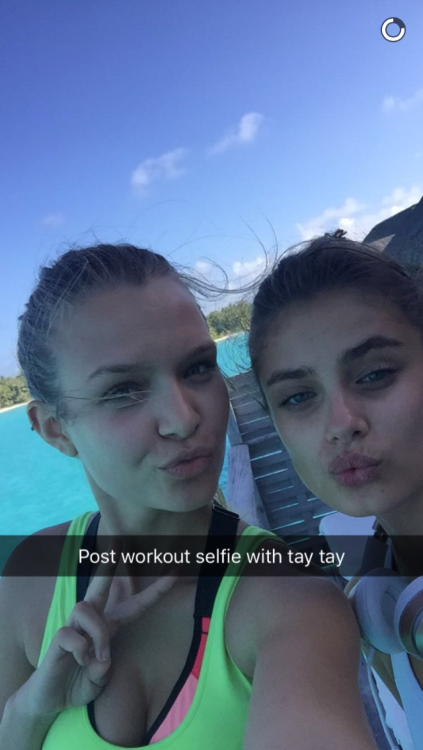 October 10, 2015: Josephine Skriver with Taylor Hill via her snapchat. (jojoskriver)