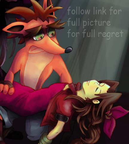 furlockhound:  toolatesonic:  magicalhedgehogs:  cookubanana:  magicalhedgehogs:  did you know that as a kid i once drew final fantasy 7 x crash bandicoot fanart? since both are being remastered, this abomination keeps me awake at night  This is a master