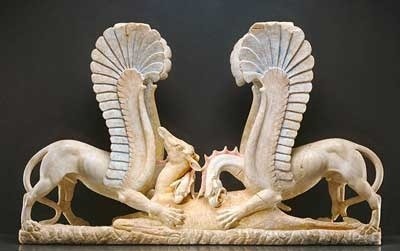 thouhastablog:Sculptural group of two griffins attacking a fallen doe.-Greek (South Italy), late fou