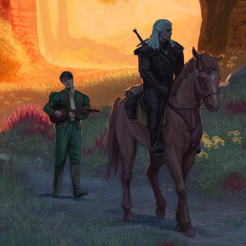 themadknightuniverse: Geralt, Jaskier and Roach on the road I went for a bit of scenery for once