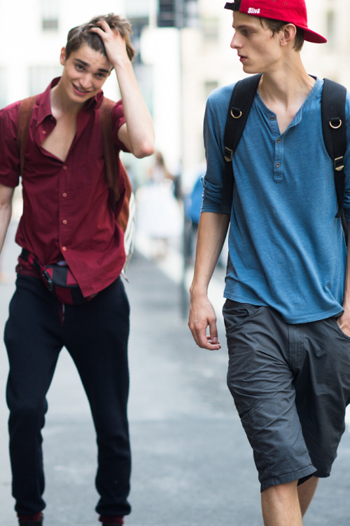 strangeforeignbeauty:  Alexander Ferrario & Elvis Jankus | Milan Fashion Week Street Style Spring/Summer 2015 | Photographed by Adam Katz Sinding | source: WMagazine 